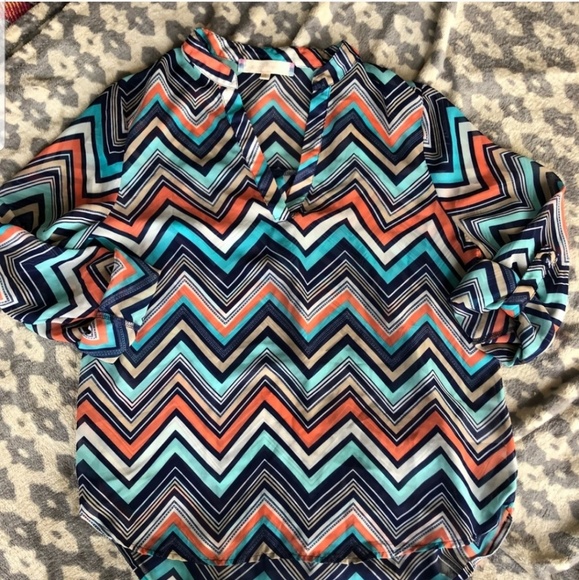 Almost Famous Tops - Chevron convertible sleeve striped sheer top